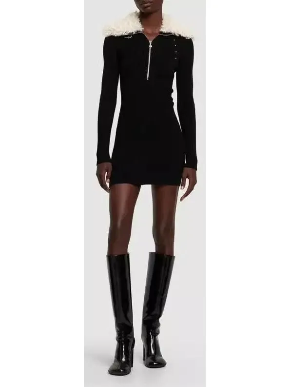 Women’s Black Ribbed Knit Dress with Faux-Fur Collar