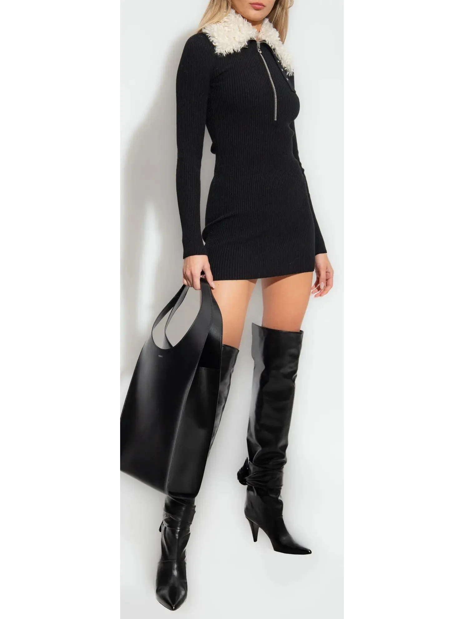 Women’s Black Ribbed Knit Dress with Faux-Fur Collar