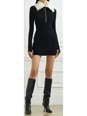Women’s Black Ribbed Knit Dress with Faux-Fur Collar