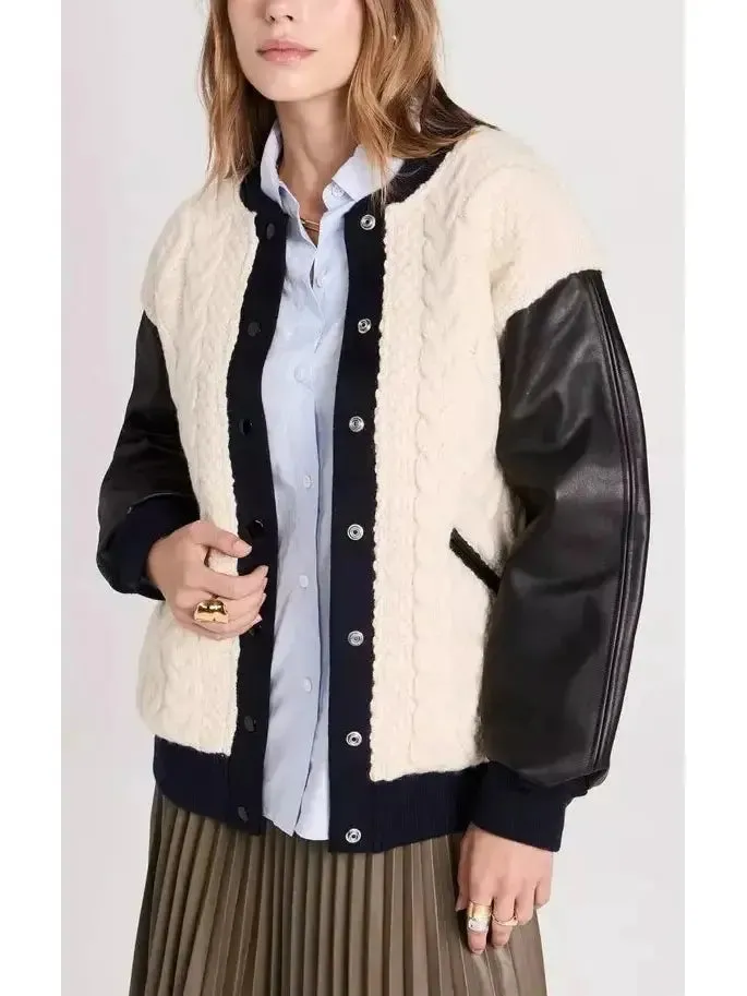 Women’s Cable-Knit Leather Paneled Jacket