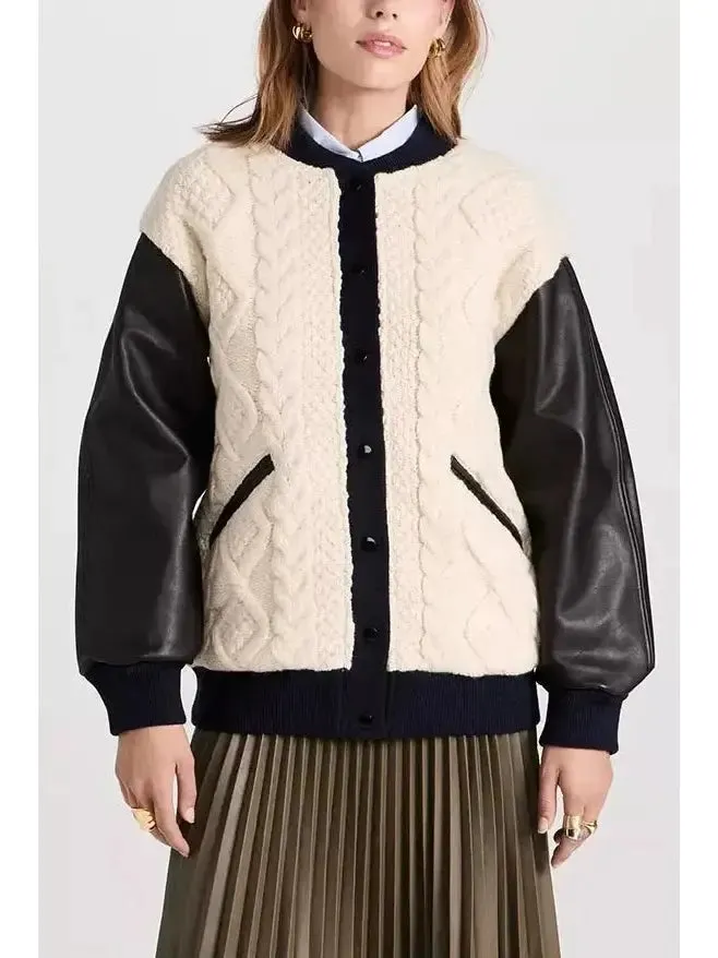 Women’s Cable-Knit Leather Paneled Jacket