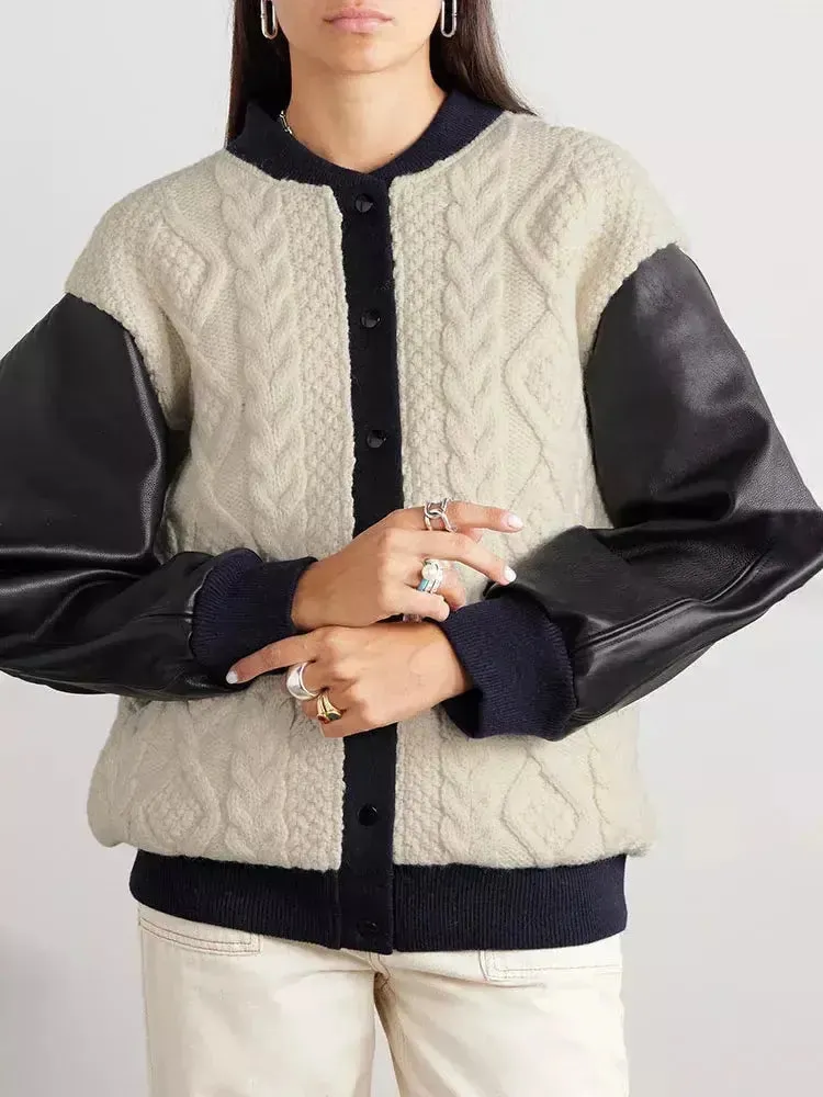 Women’s Cable-Knit Leather Paneled Jacket