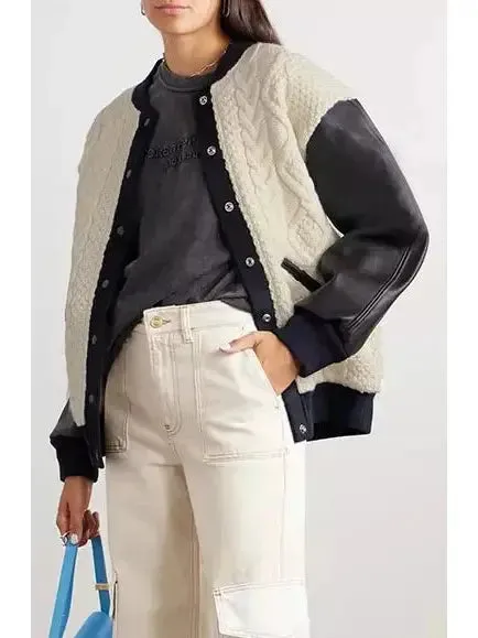 Women’s Cable-Knit Leather Paneled Jacket