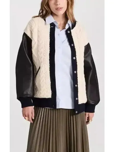 Women’s Cable-Knit Leather Paneled Jacket