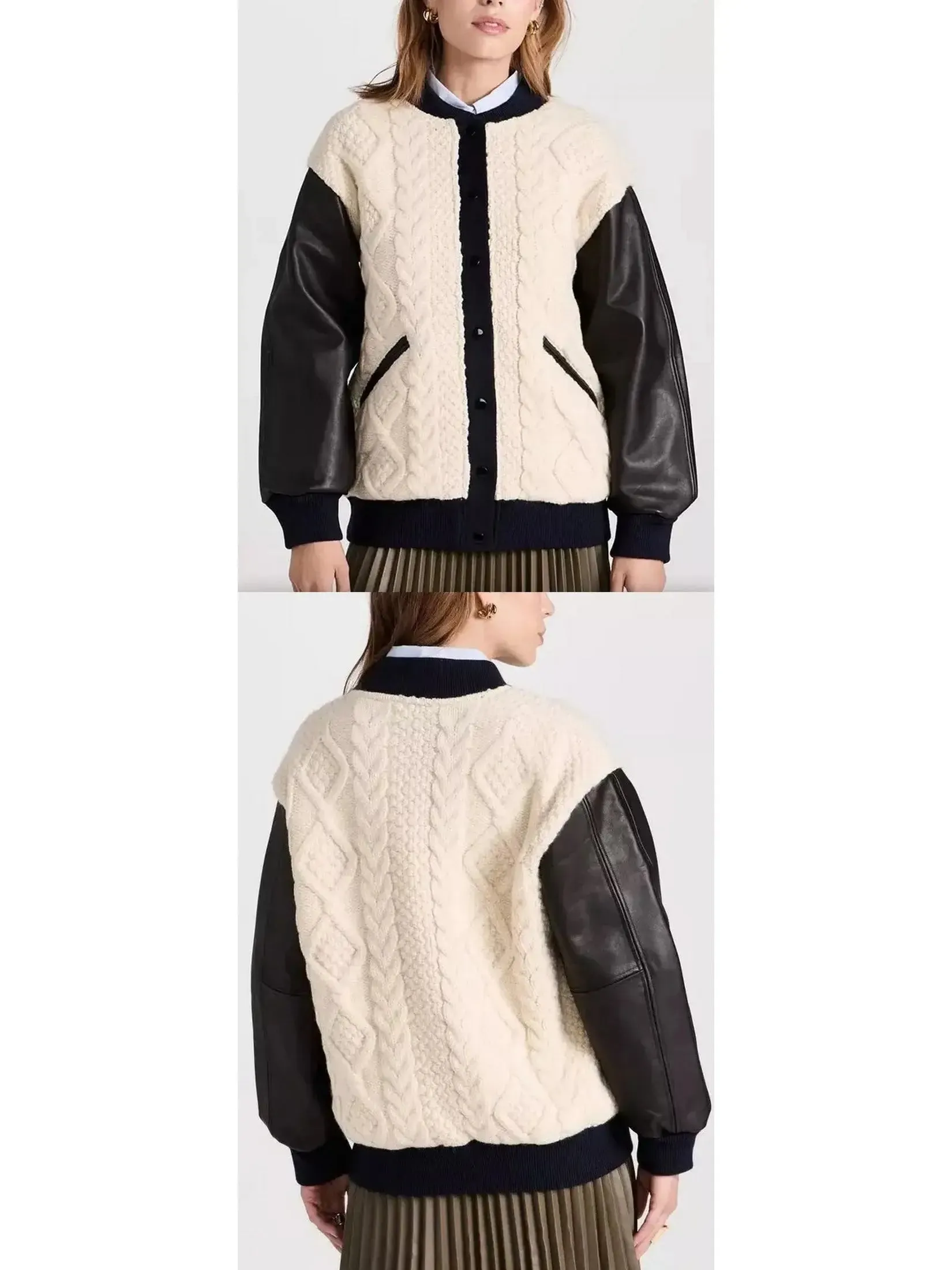 Women’s Cable-Knit Leather Paneled Jacket