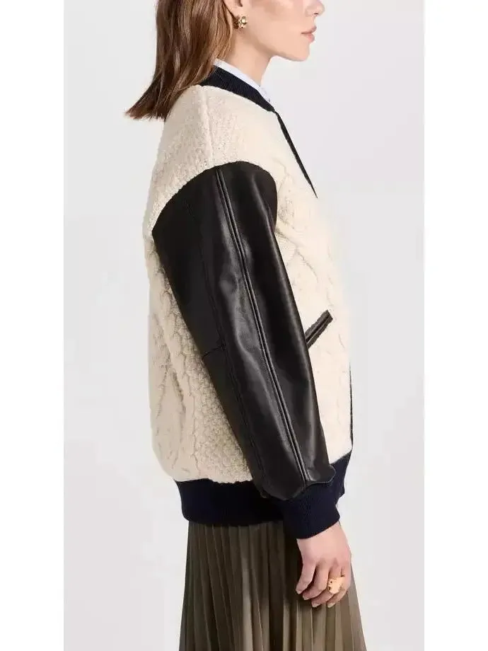 Women’s Cable-Knit Leather Paneled Jacket
