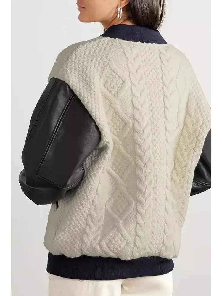 Women’s Cable-Knit Leather Paneled Jacket