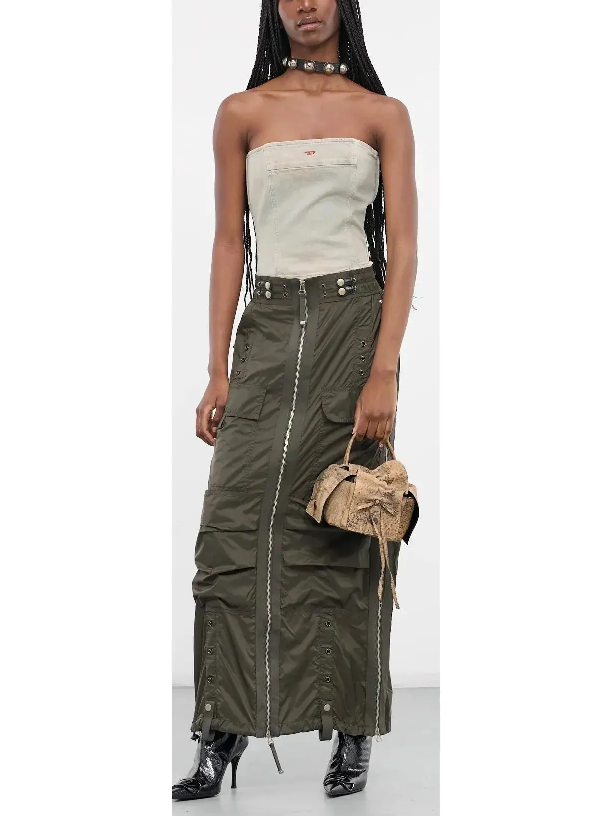 Women’s Cargo Maxi Zip Skirt in Dark Green