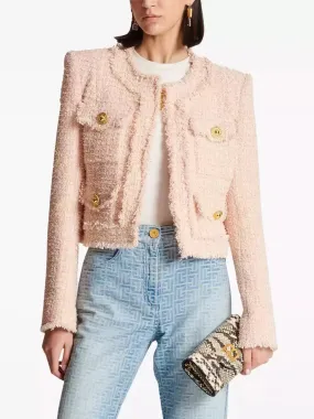 Women’s Collarless Tweed Jacket in Light Pink