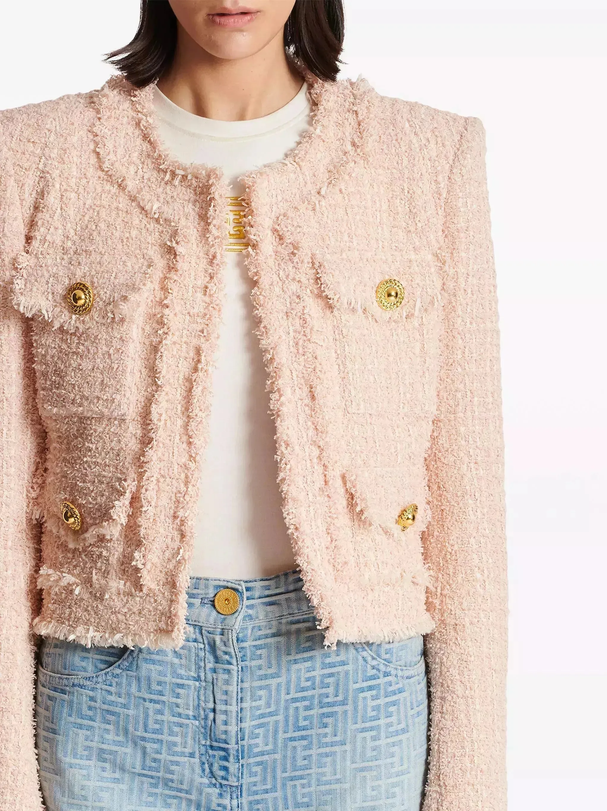 Women’s Collarless Tweed Jacket in Light Pink