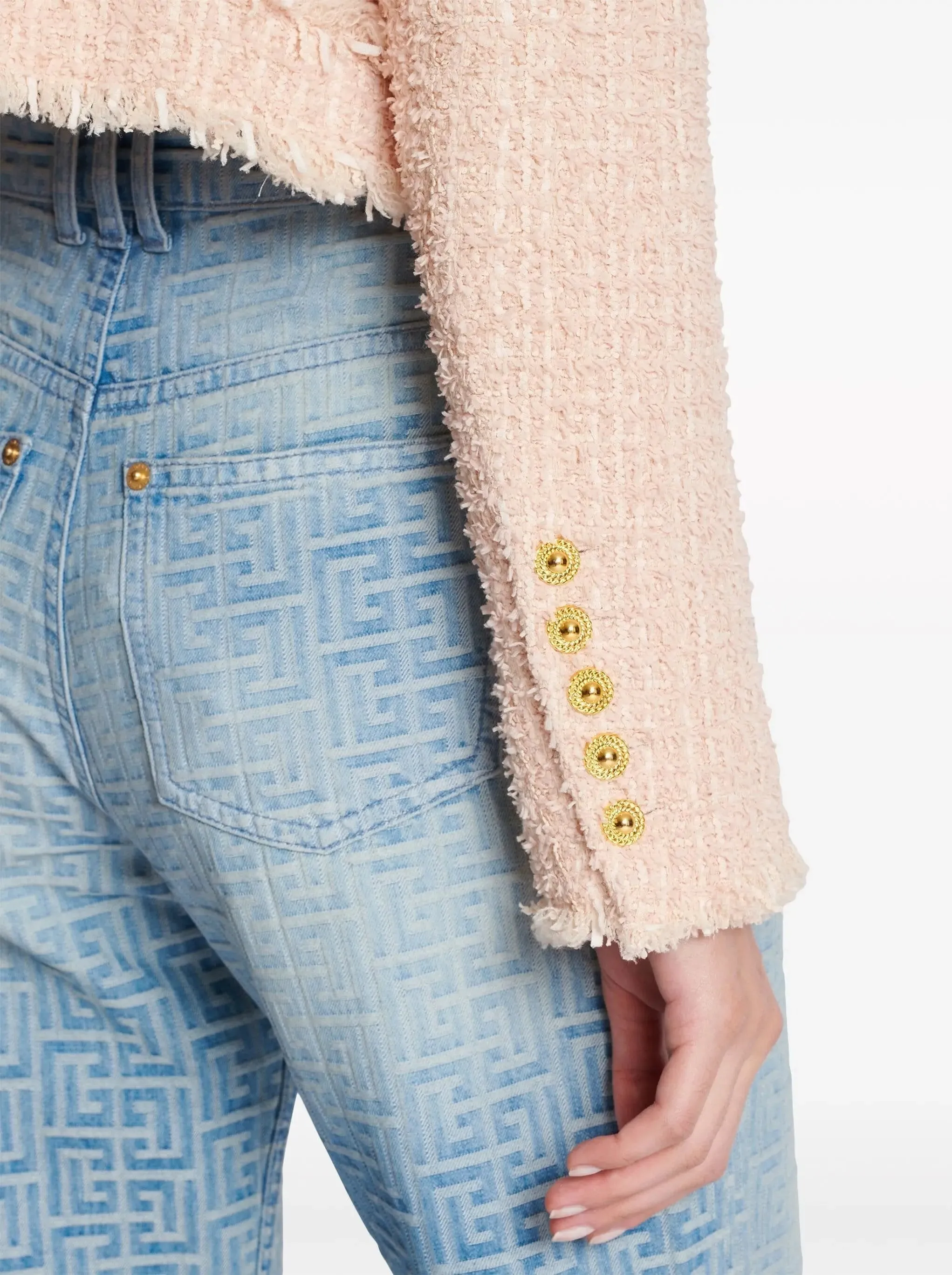Women’s Collarless Tweed Jacket in Light Pink