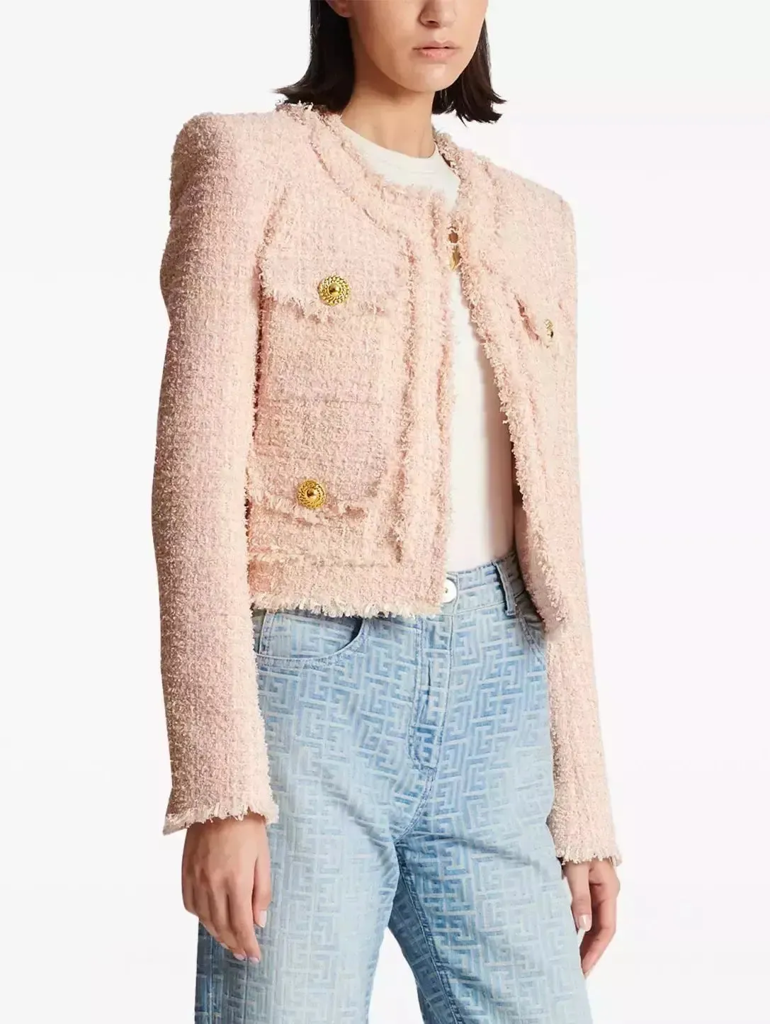 Women’s Collarless Tweed Jacket in Light Pink