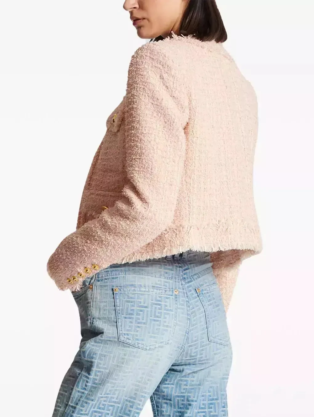 Women’s Collarless Tweed Jacket in Light Pink