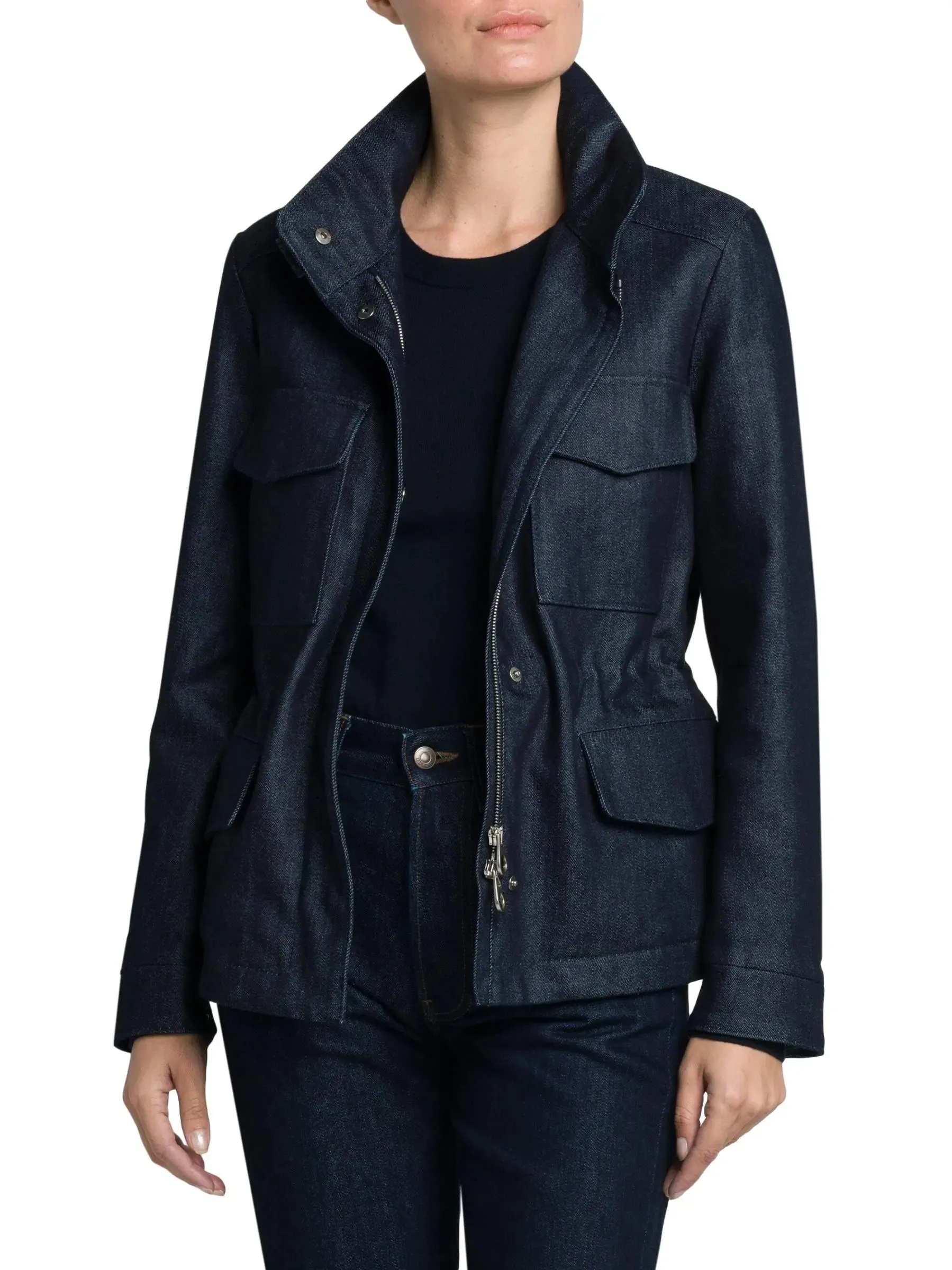 Women’s Denim Flap Pocket Jacket with Drawstring Waist