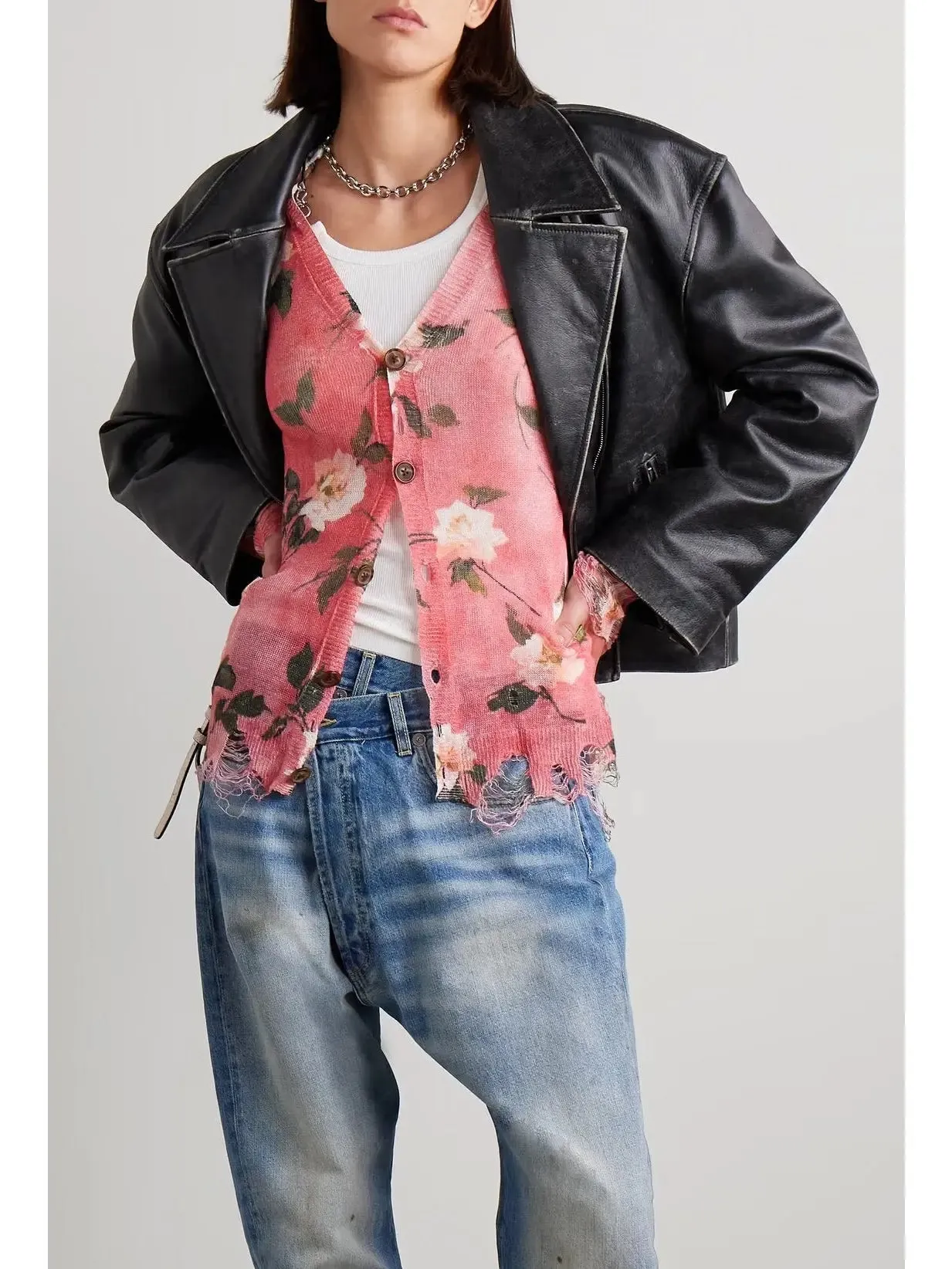 Women’s Distressed Floral-Print Linen Cardigan in Pink