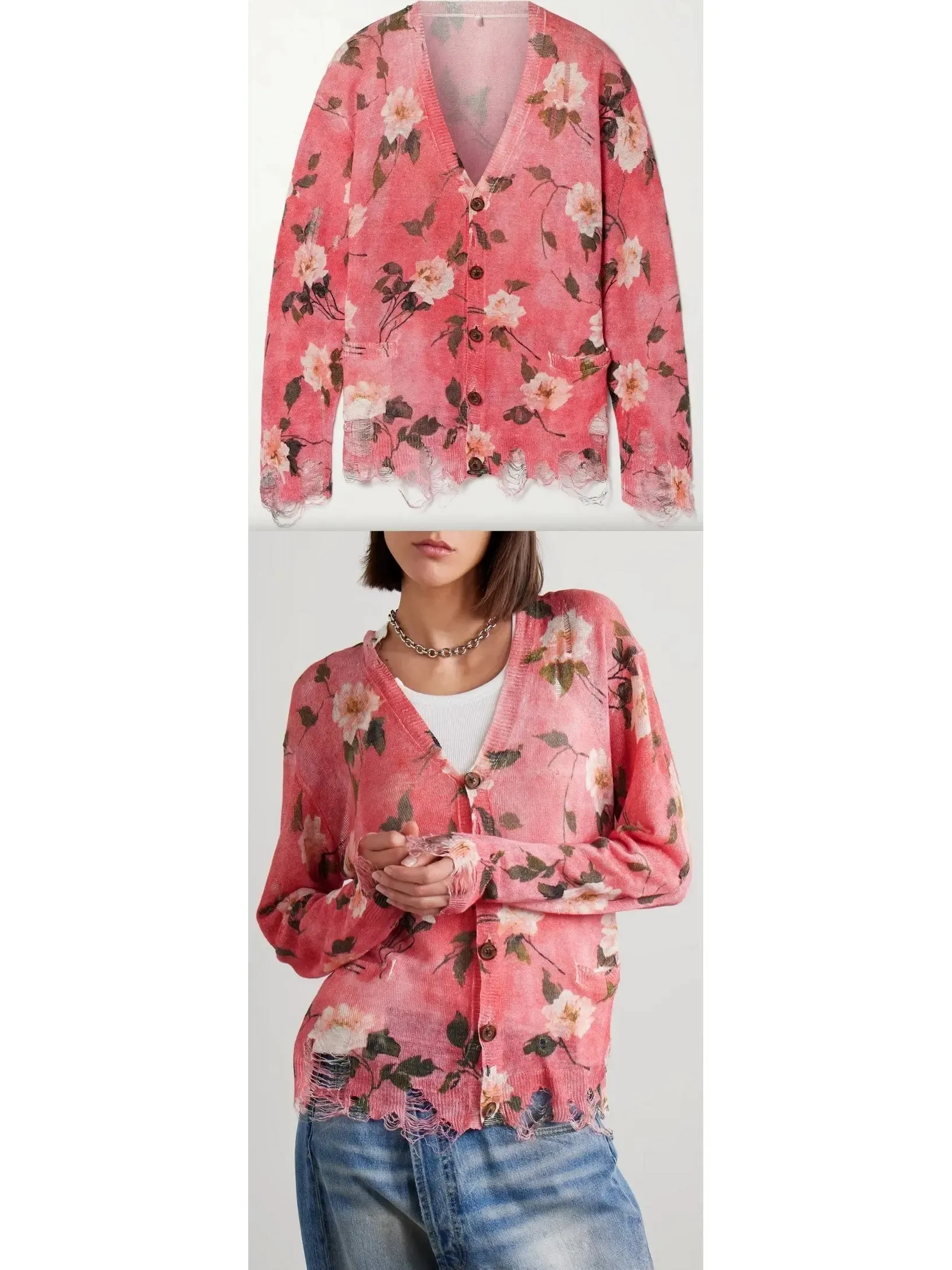 Women’s Distressed Floral-Print Linen Cardigan in Pink