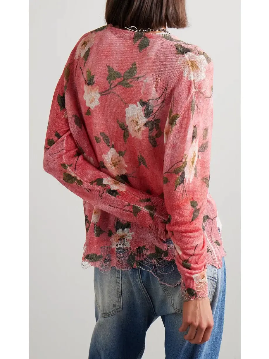 Women’s Distressed Floral-Print Linen Cardigan in Pink