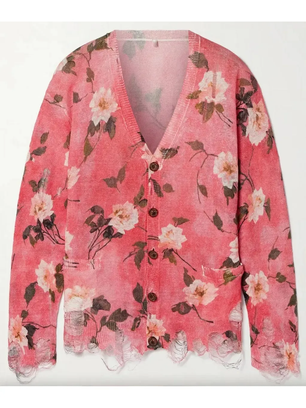 Women’s Distressed Floral-Print Linen Cardigan in Pink