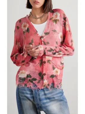 Women’s Distressed Floral-Print Linen Cardigan in Pink