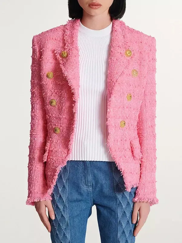 Women’s Double-Breasted Pink Tweed Jacket