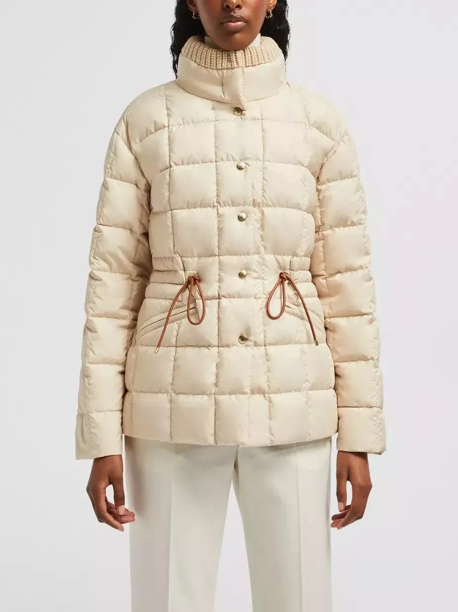 Women’s Drawstring-Waist Puffer Down Jacket with Partial Knit Collar