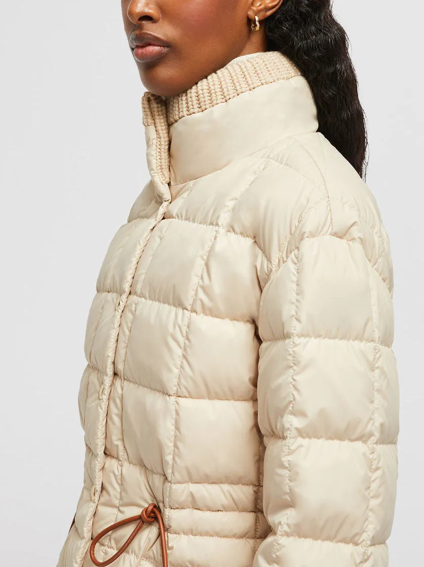 Women’s Drawstring-Waist Puffer Down Jacket with Partial Knit Collar
