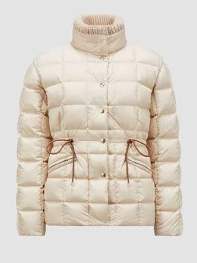 Women’s Drawstring-Waist Puffer Down Jacket with Partial Knit Collar
