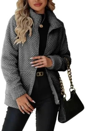 Women's Full Zip Stand Collar Fleece Sherpa Jacket with Pockets (S-5XL)