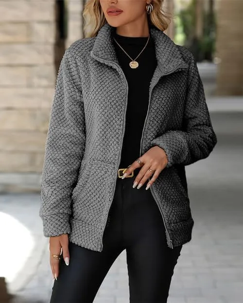Women's Full Zip Stand Collar Fleece Sherpa Jacket with Pockets (S-5XL)
