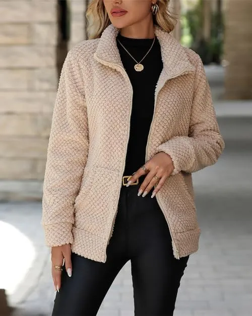 Women's Full Zip Stand Collar Fleece Sherpa Jacket with Pockets (S-5XL)