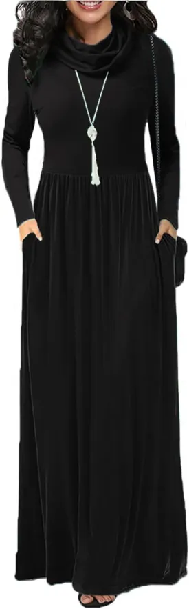 Women's Winter Long Sleeve Casual Maxi Dress Cowl Neck Empire Waist Plain Loose Long Dress with Pockets