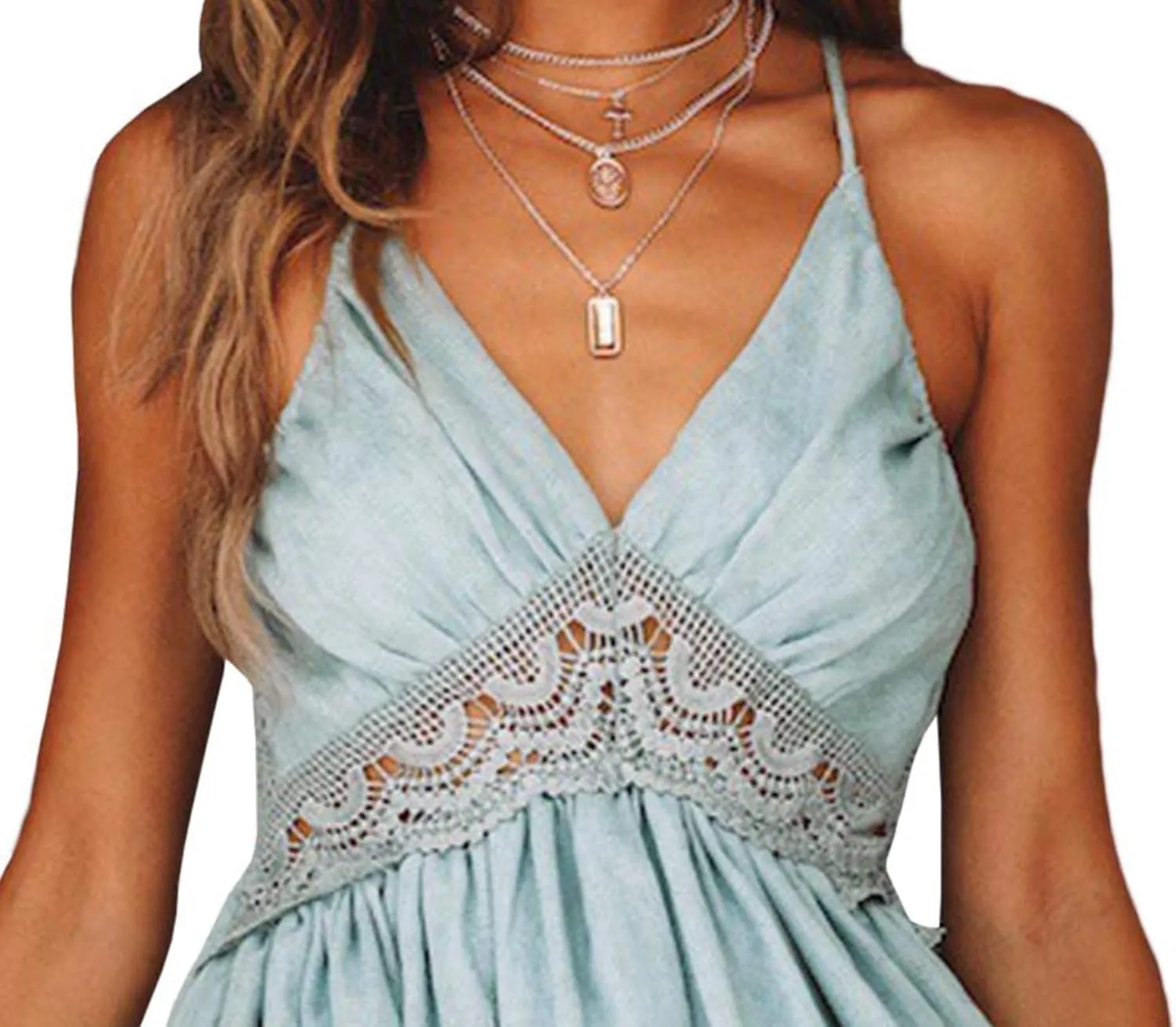 xxxiticat Women's Floral Print Beach Sundress Sleeveless Halter Spaghetti Straps Backless Lace Mini Swing Skater Dresses