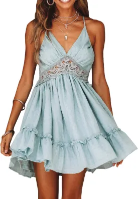 xxxiticat Women's Floral Print Beach Sundress Sleeveless Halter Spaghetti Straps Backless Lace Mini Swing Skater Dresses