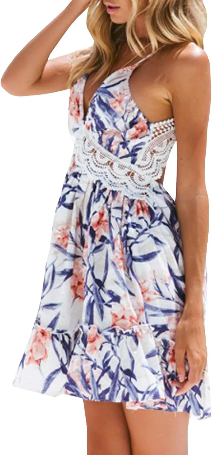 xxxiticat Women's Floral Print Beach Sundress Sleeveless Halter Spaghetti Straps Backless Lace Mini Swing Skater Dresses