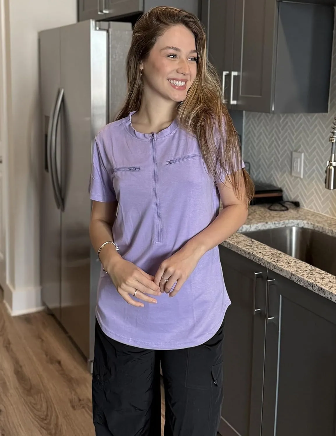 Youdiao Chemo Port Shirts for Women Short Sleeve Post-Surgery Recovery with 2 Side Snaps Dual Zipper Dialysis Cancer Clothing