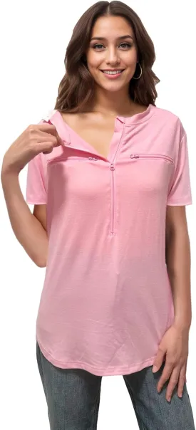 Youdiao Chemo Port Shirts for Women Short Sleeve Post-Surgery Recovery with 2 Side Snaps Dual Zipper Dialysis Cancer Clothing