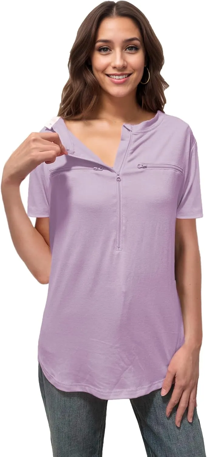 Youdiao Chemo Port Shirts for Women Short Sleeve Post-Surgery Recovery with 2 Side Snaps Dual Zipper Dialysis Cancer Clothing