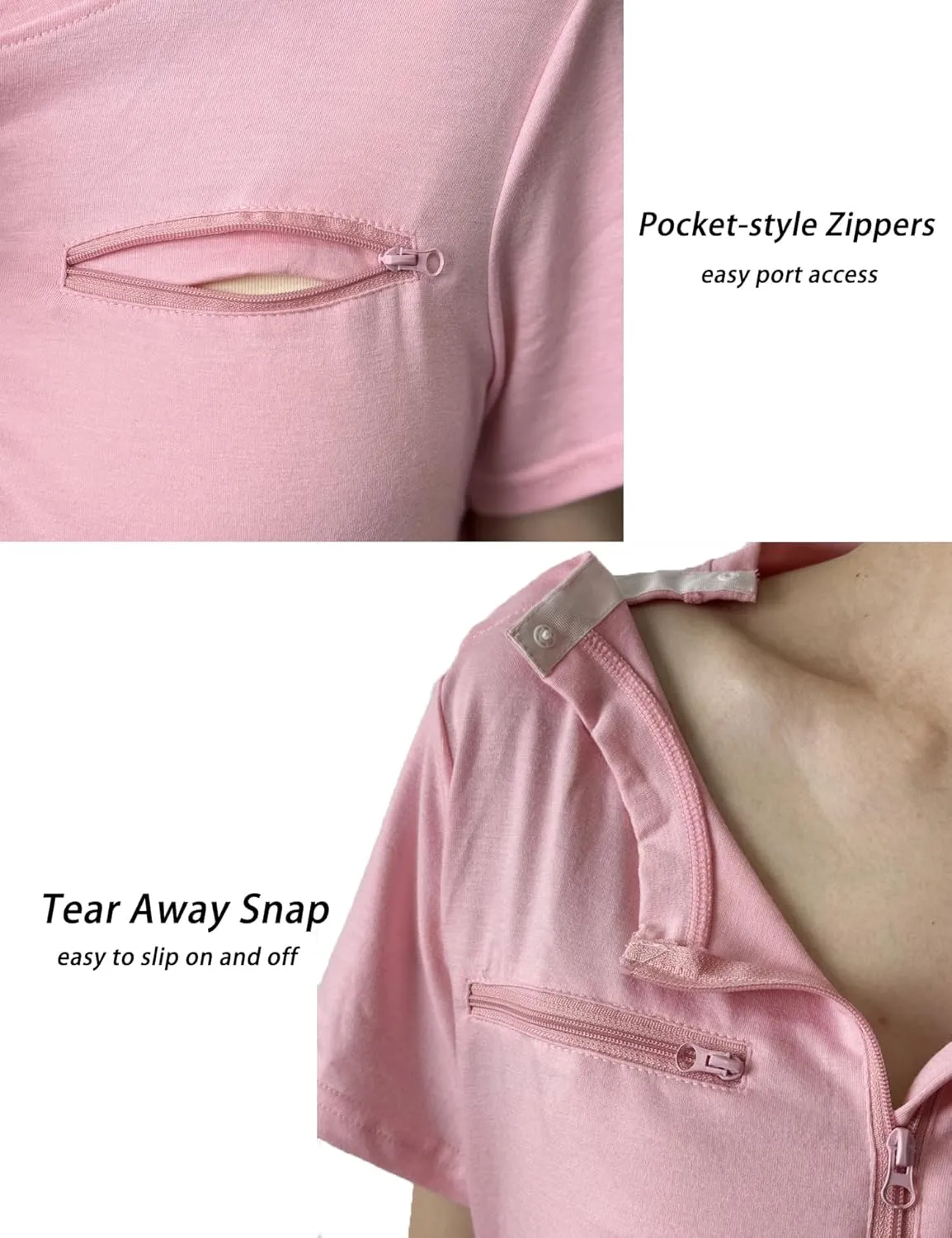 Youdiao Chemo Port Shirts for Women Short Sleeve Post-Surgery Recovery with 2 Side Snaps Dual Zipper Dialysis Cancer Clothing