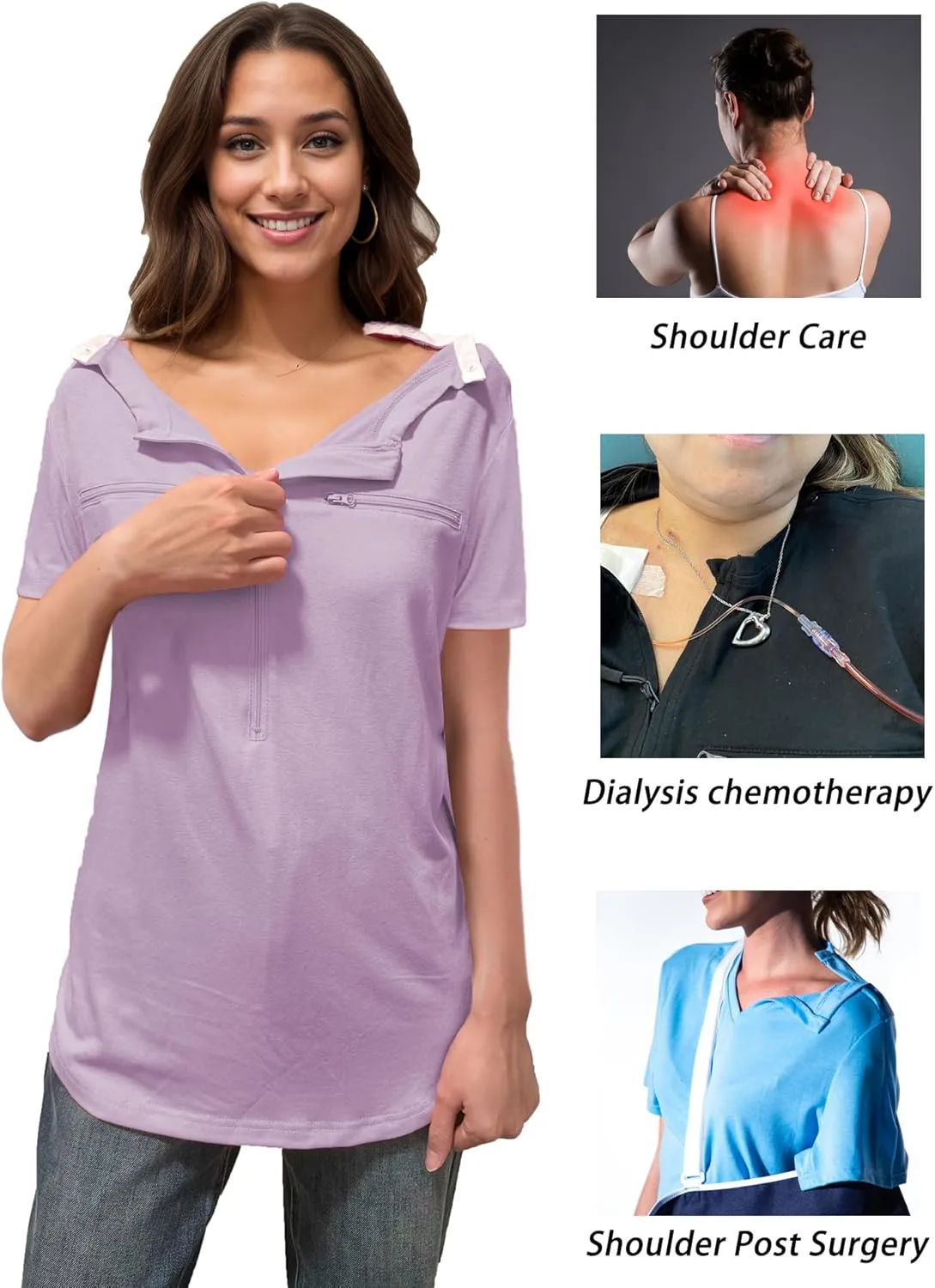 Youdiao Chemo Port Shirts for Women Short Sleeve Post-Surgery Recovery with 2 Side Snaps Dual Zipper Dialysis Cancer Clothing