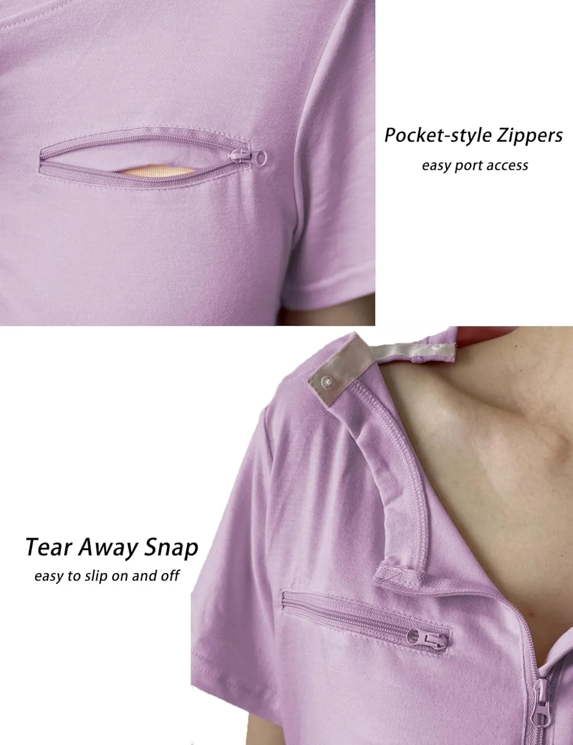 Youdiao Chemo Port Shirts for Women Short Sleeve Post-Surgery Recovery with 2 Side Snaps Dual Zipper Dialysis Cancer Clothing