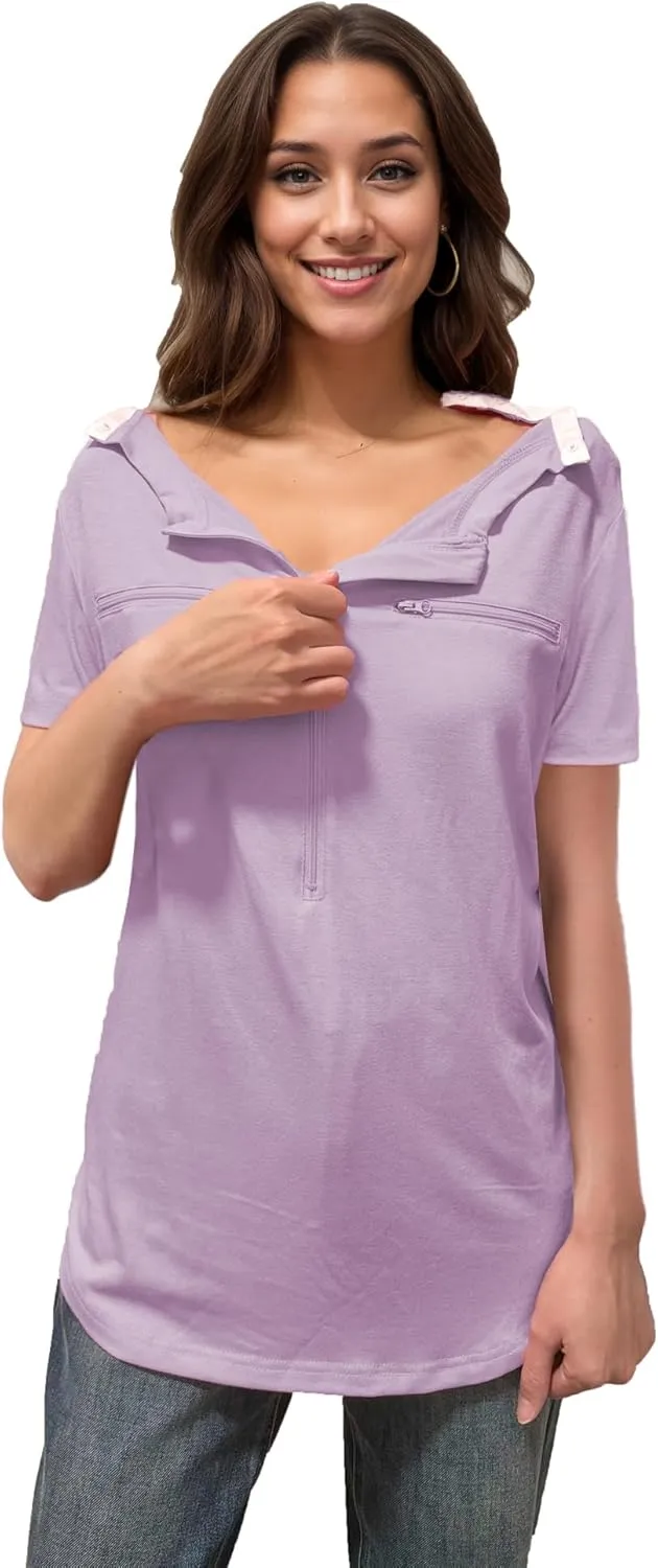 Youdiao Chemo Port Shirts for Women Short Sleeve Post-Surgery Recovery with 2 Side Snaps Dual Zipper Dialysis Cancer Clothing