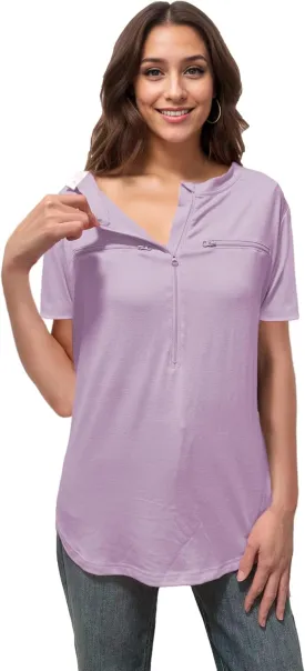 Youdiao Chemo Port Shirts for Women Short Sleeve Post-Surgery Recovery with 2 Side Snaps Dual Zipper Dialysis Cancer Clothing