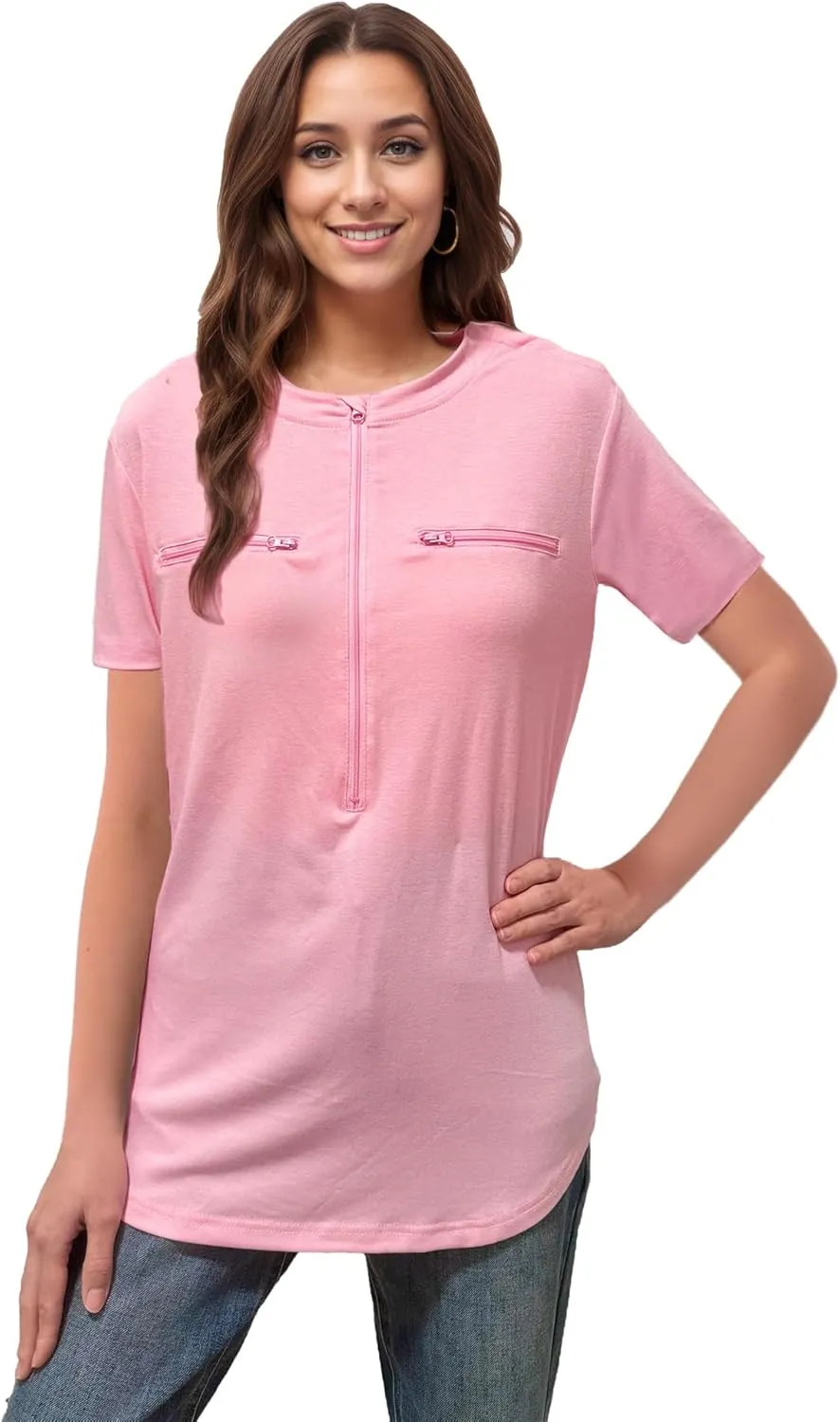 Youdiao Chemo Port Shirts for Women Short Sleeve Post-Surgery Recovery with 2 Side Snaps Dual Zipper Dialysis Cancer Clothing