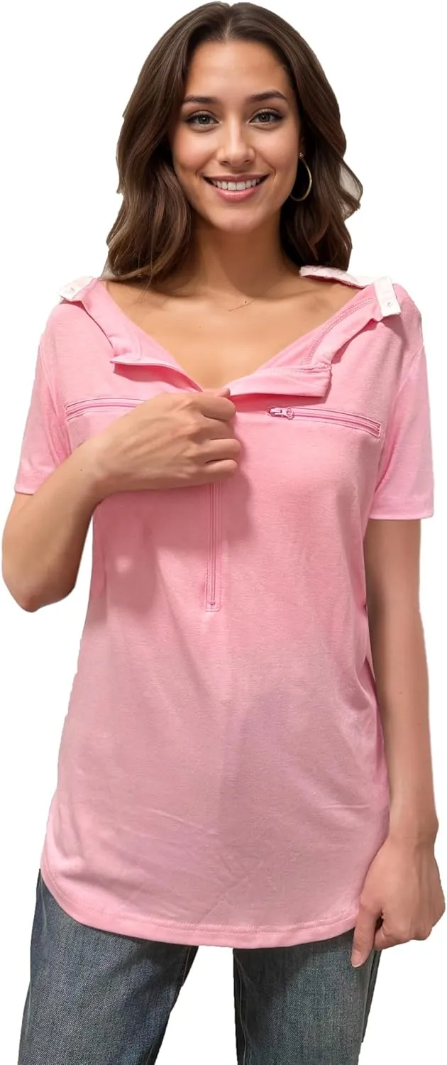 Youdiao Chemo Port Shirts for Women Short Sleeve Post-Surgery Recovery with 2 Side Snaps Dual Zipper Dialysis Cancer Clothing