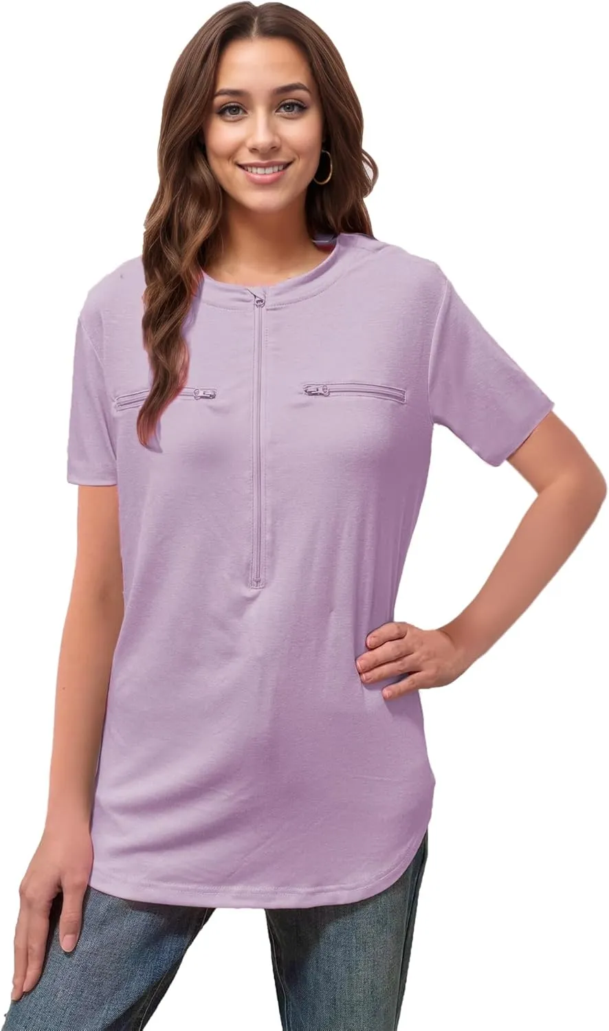 Youdiao Chemo Port Shirts for Women Short Sleeve Post-Surgery Recovery with 2 Side Snaps Dual Zipper Dialysis Cancer Clothing